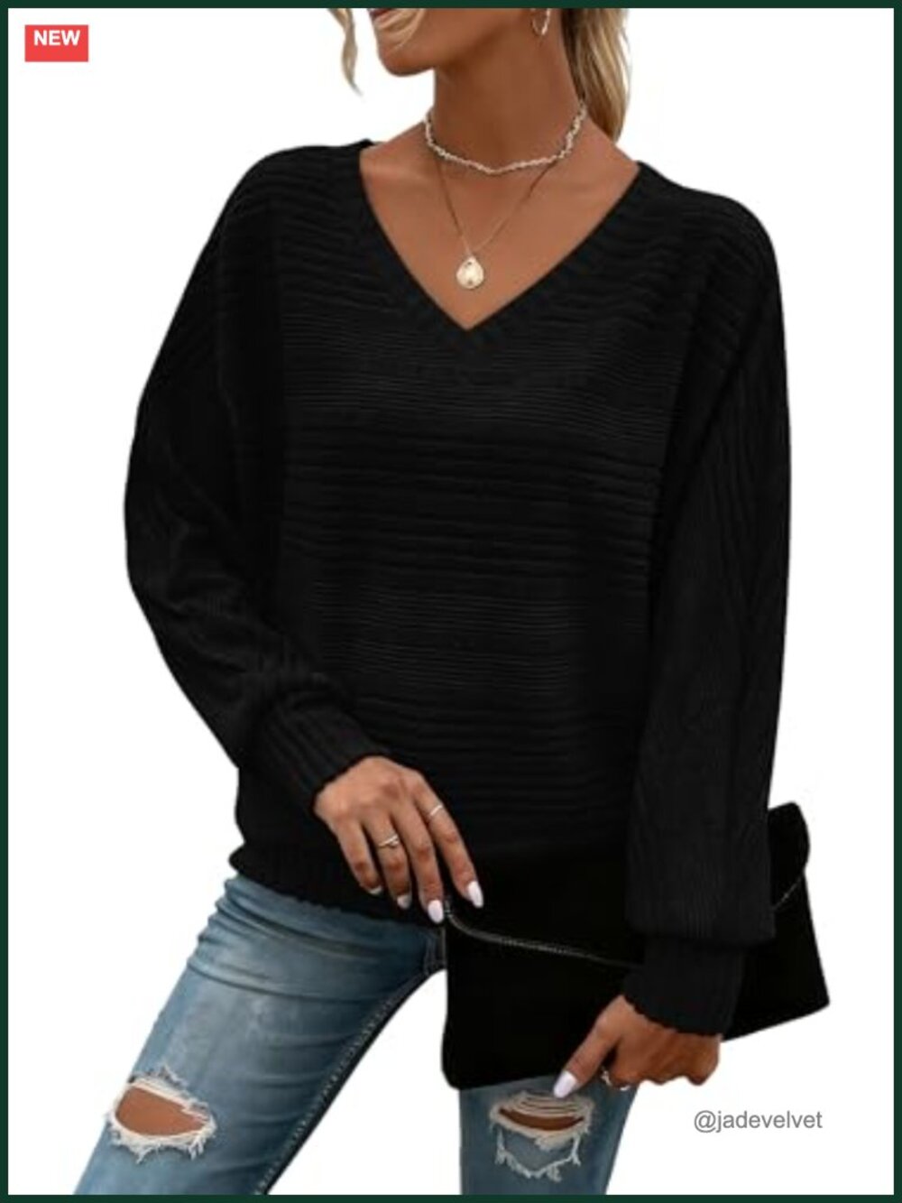 Women's V-Neck Batwing Sleeve Tunic Sweater Top Casual Pullover